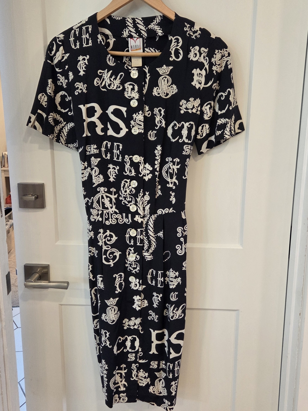 Mondi Business 90's Monogram Shirt Dress S Black & Cream Sheath Euro Vintage
